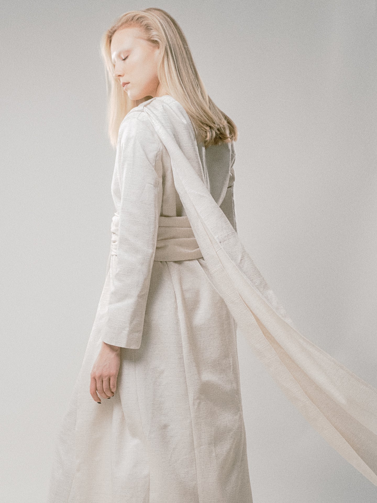 studio lamea beige long coat with scarf ladies occasion wear sustainable fashion made in finland