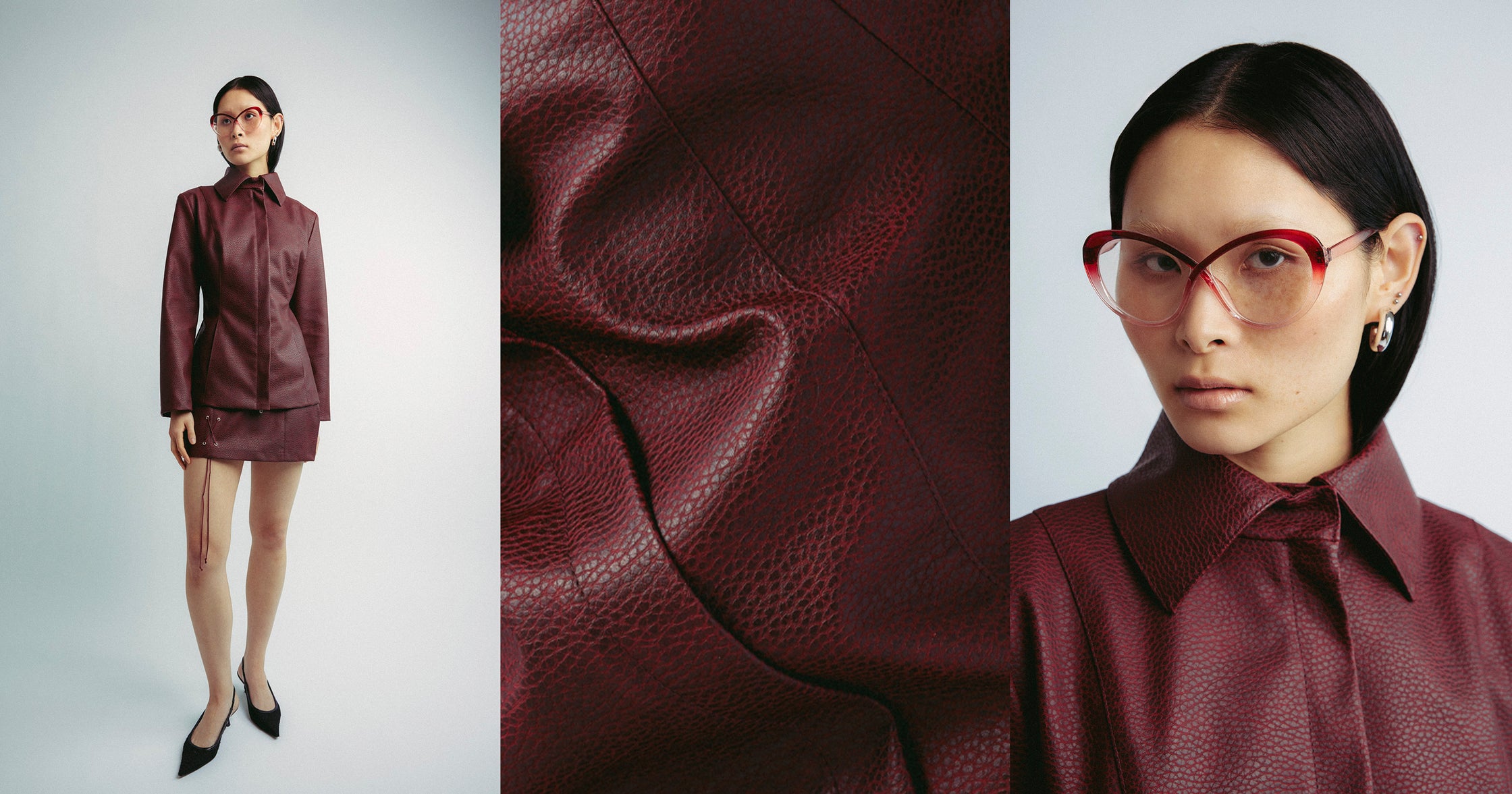 studio lamea finnish sustainable fashion brand from finland founded in 2023 burgundy faux leather set mini skirt fitted faux leather jacket burgundy