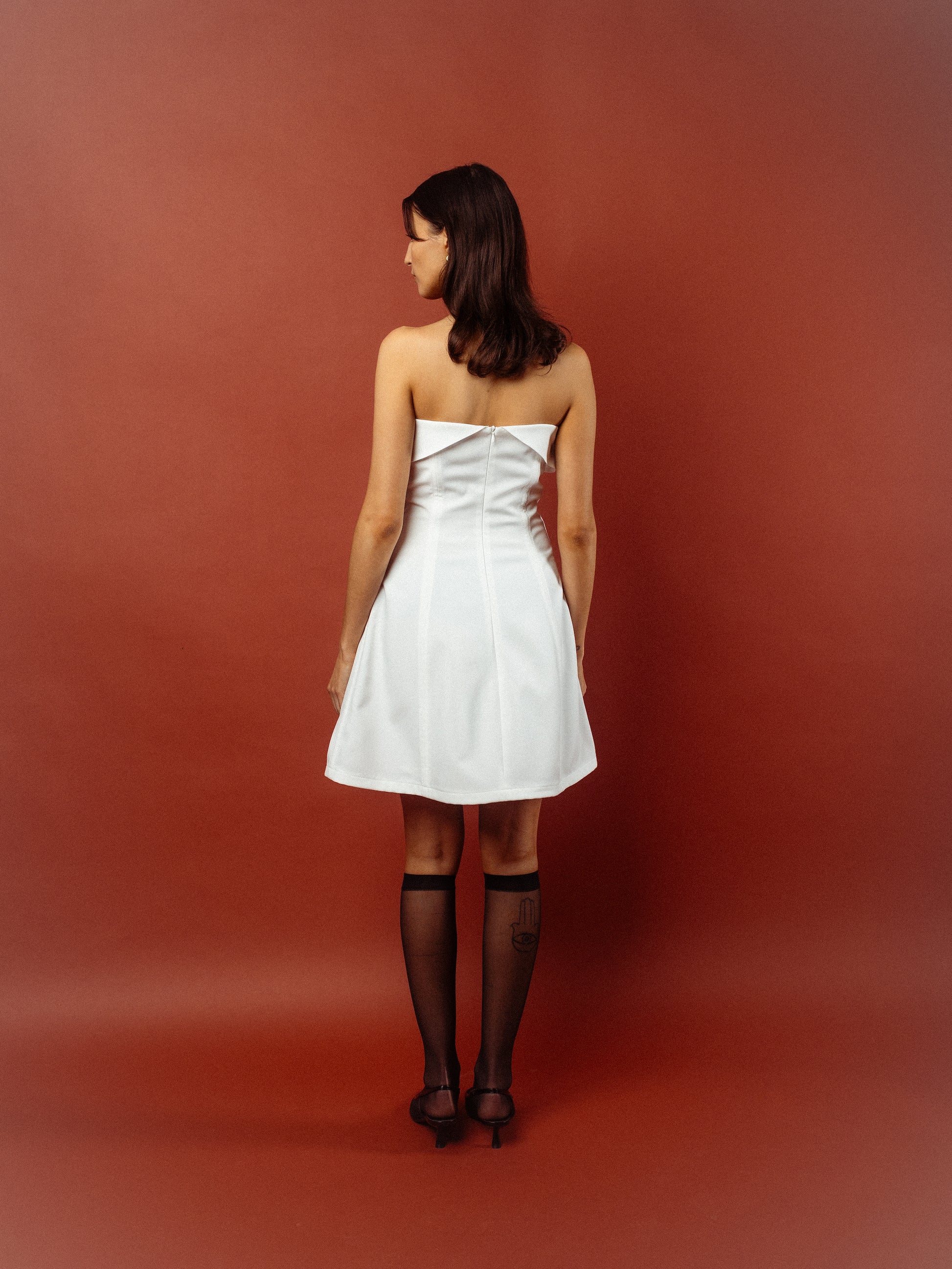 studio lamea white strapless thigh length dress zip closure sustainable spring summer dress made from deadstock materials