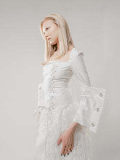 white fitted long sleeve shirt square neckline lacing front decorative cuffs made from deadstock cotton studio lamea
